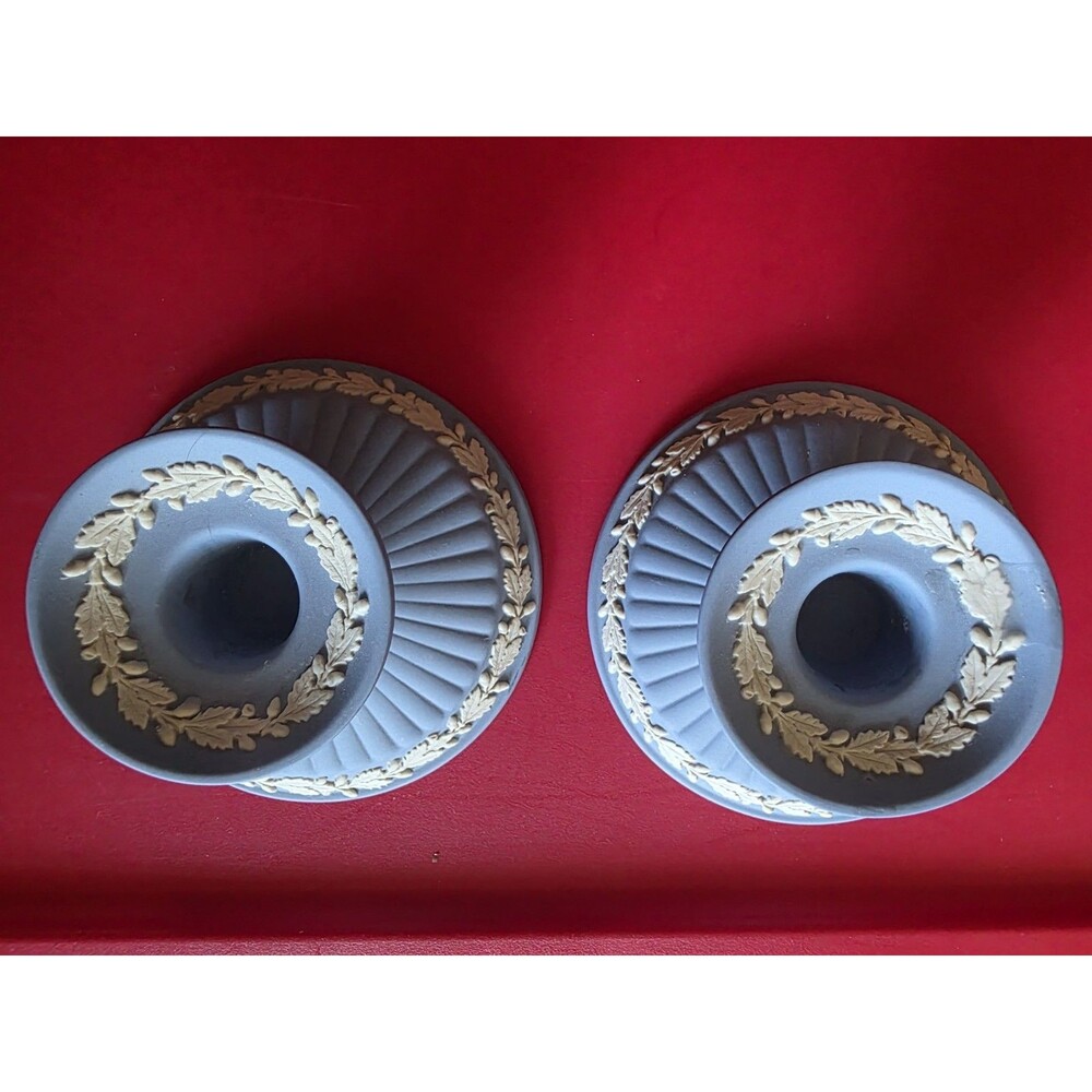 Wedgwood Jasperware Candlestick Pair Set Laurel White Relief On Blue England
